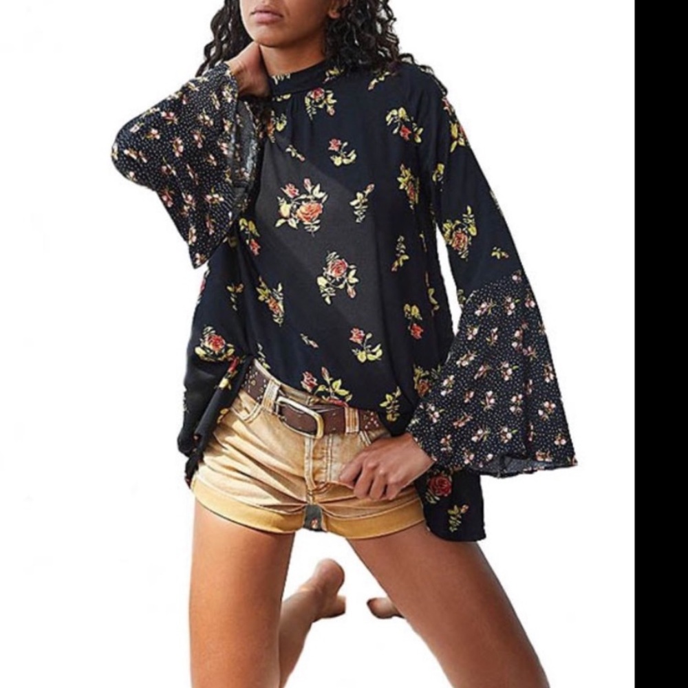 Free People Floral Tate Tunic Top Mini Dress Open Back Long Bell Sleeve Small